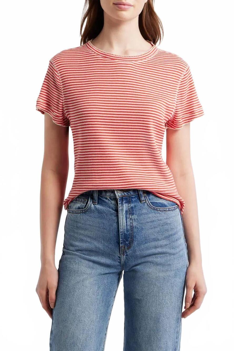 NEW THE GREAT. short sleeves cotton tee in pimento stripe